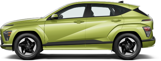 Side view of a 2024 Hyundai Kona EV in Neoteric Yellow with black wheels.