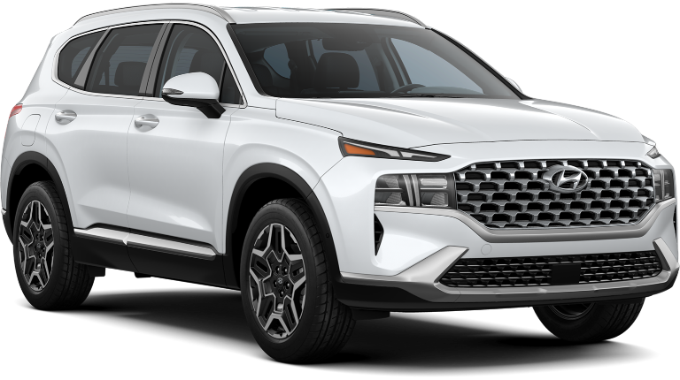 Front 3/4 view of a white Hyundai Santa Fe.