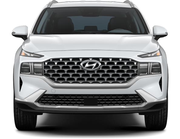 Front view of a white Hyundai Santa Fe, showcasing its grille, headlights, and bold SUV styling.