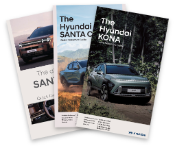 Hyundai Santa Fe, Santa Cruz, and Kona vehicle manuals displayed side by side.