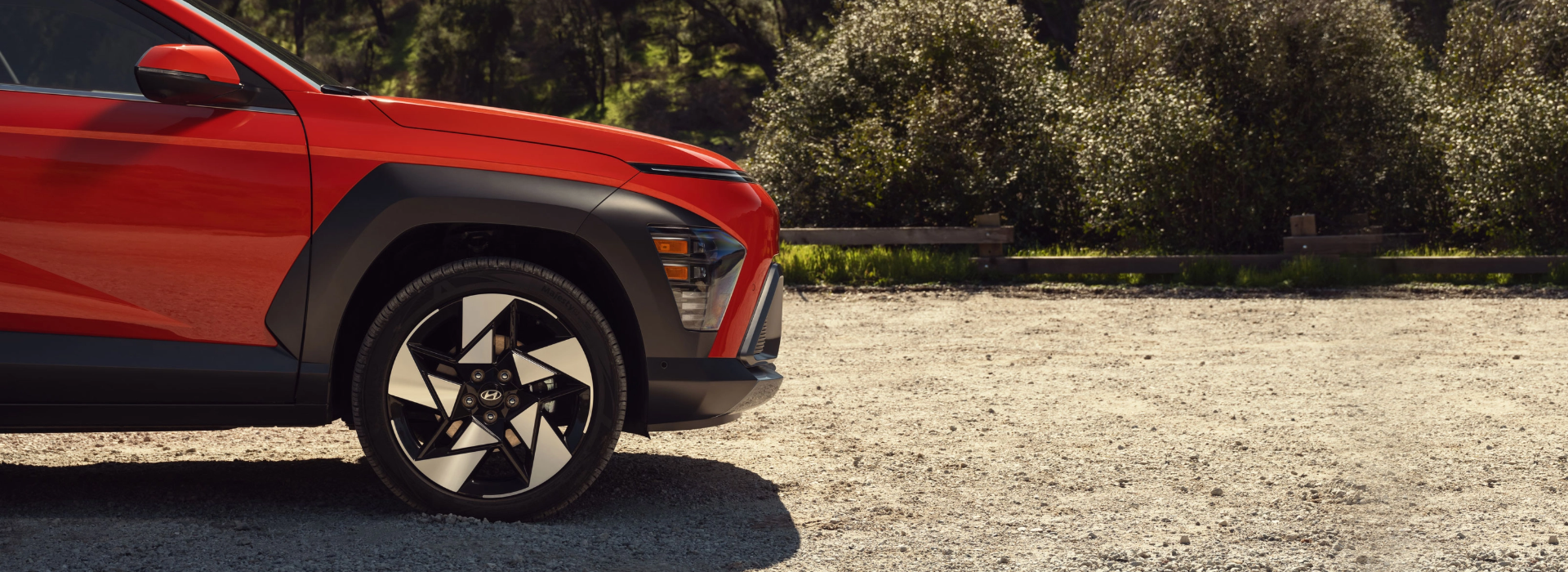Close-up view of the side of a red Hyundai SUV with black alloy wheels, set against a scenic background.