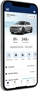 Hyundai app screen showing 2023 Ioniq 5 with battery status, estimated range, and vehicle controls.