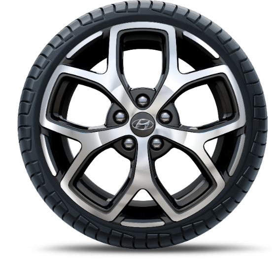 Close-up view of a Hyundai alloy wheel, showcasing the detailed design and tire.