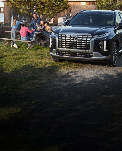 Family enjoying a picnic next to a black Hyundai SUV parked by the water.